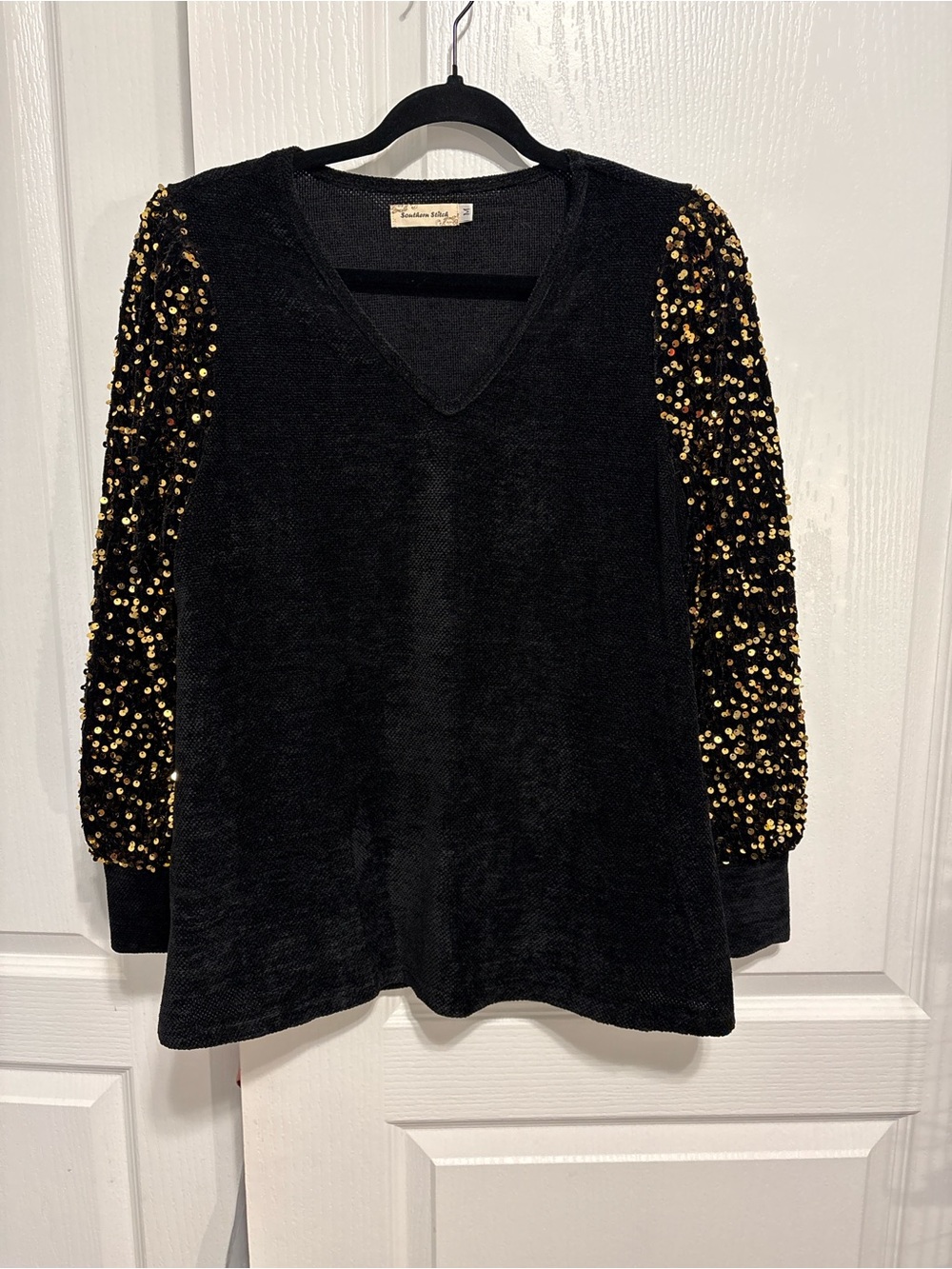 Black V-Neck Top with Gold Sequin Sleeves perfect for upcoming holiday party